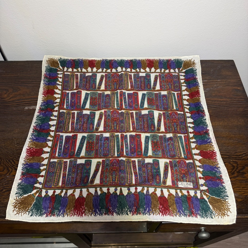 Vintage Celine Scarf 20x20 Multi Bookshelf Tassel Print Silk Cotton Handkerchief